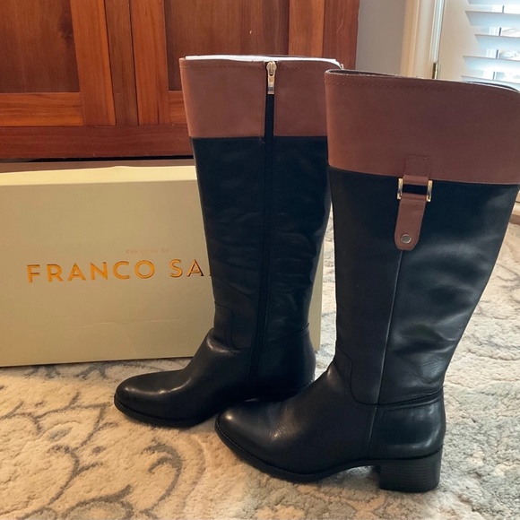 Franco Sarto “Lizbeth” Women’s Leather Riding Boots Black/Tan 7.5 M - Picture 1 of 7